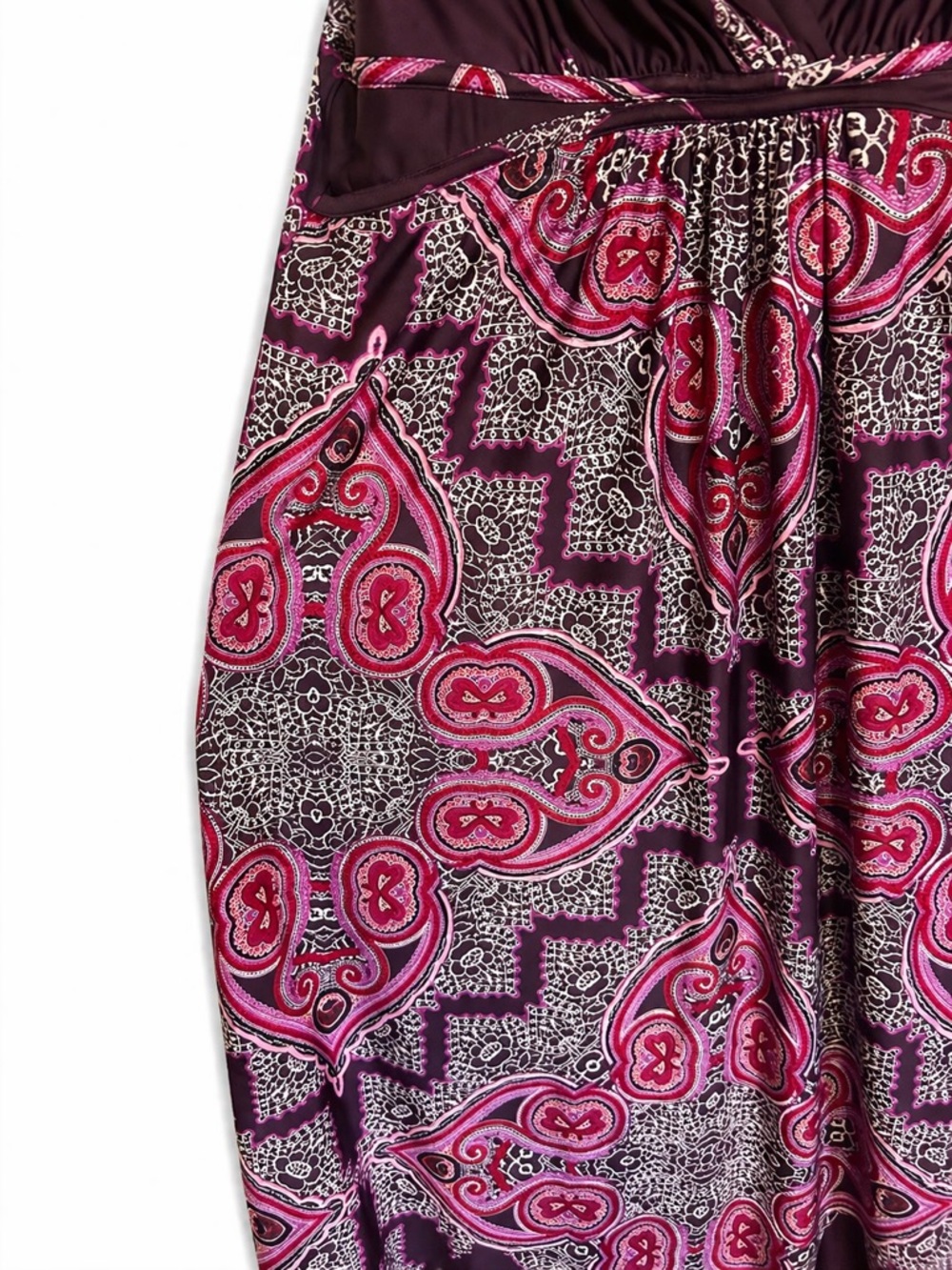 Boho Paisley Maxi Dress Petite Flowy Empire Waist Pink Purple - Picture 4 of 7
